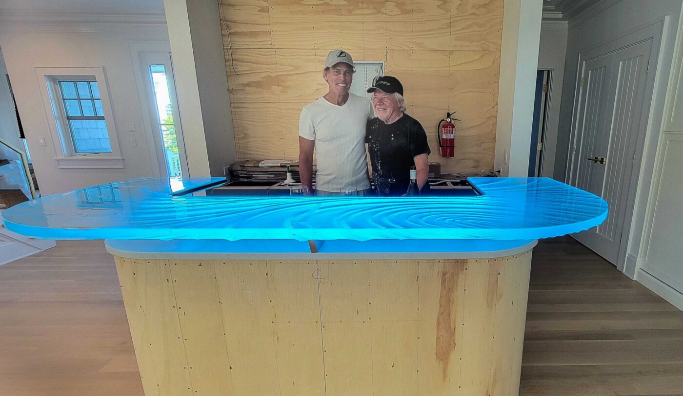Custom U-Shaped Glass Bar in Mantoloking, New Jersey with happy client Nick