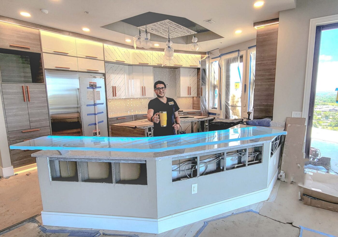 Custom Glass High Bar in Ft Myers, Florida with LED light and custom supports