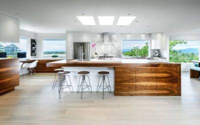 Kitchens with White Countertops and Sequenced Wood Cabinets.
