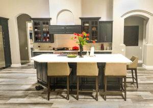 White island glass countertop kitchen