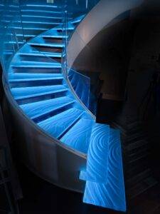 Glass stair tread LED detail Downing Designs