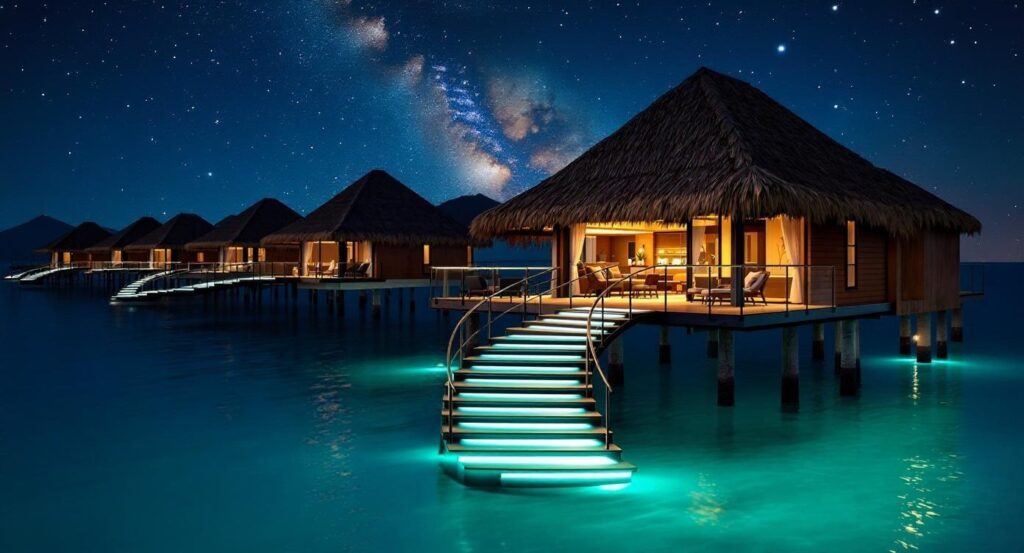 Glass Stairs in Maldives stilt home villa at night