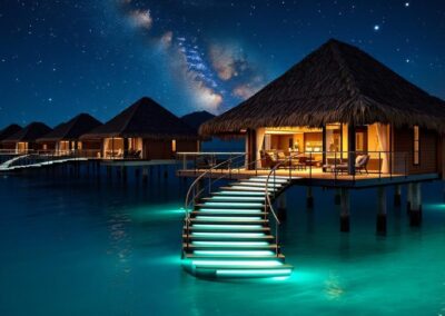 Glass Stairs in Maldives stilt home villa at night