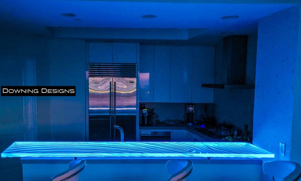 Raised Glass Kitchen Bar from Downing Designs with LED and Cantilevered support brackets in Tampa, Fl