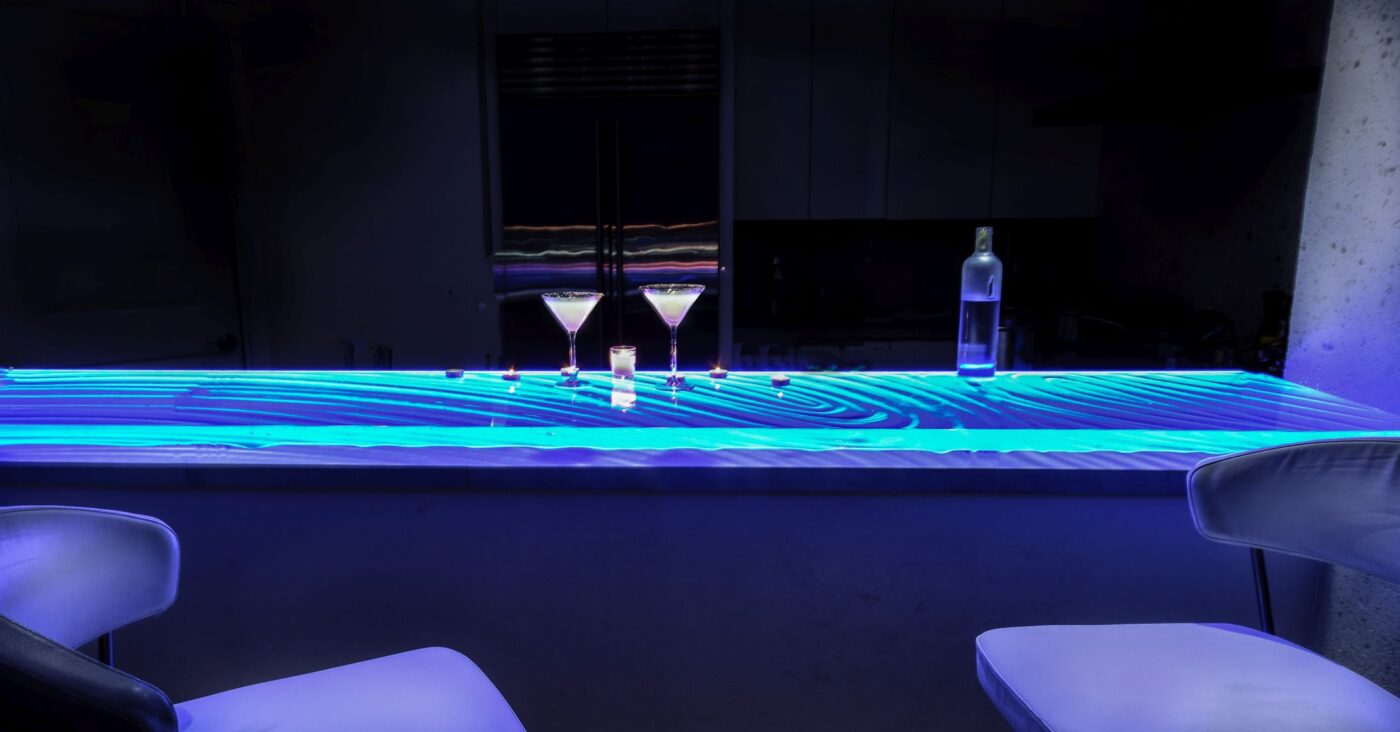 Glass Bar Top with LED in Tampa, Florida condo by Downing Designs Glass Bar Top with LED in Tampa, Florida condo by Downing Designs
