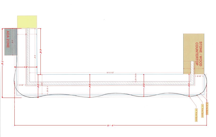 Custom illuminated glass bar top architectural layout for Acqua Café Palm Beach by Downing Designs