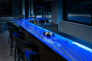 St Petersburg glass bar top with LED lighting in modern home