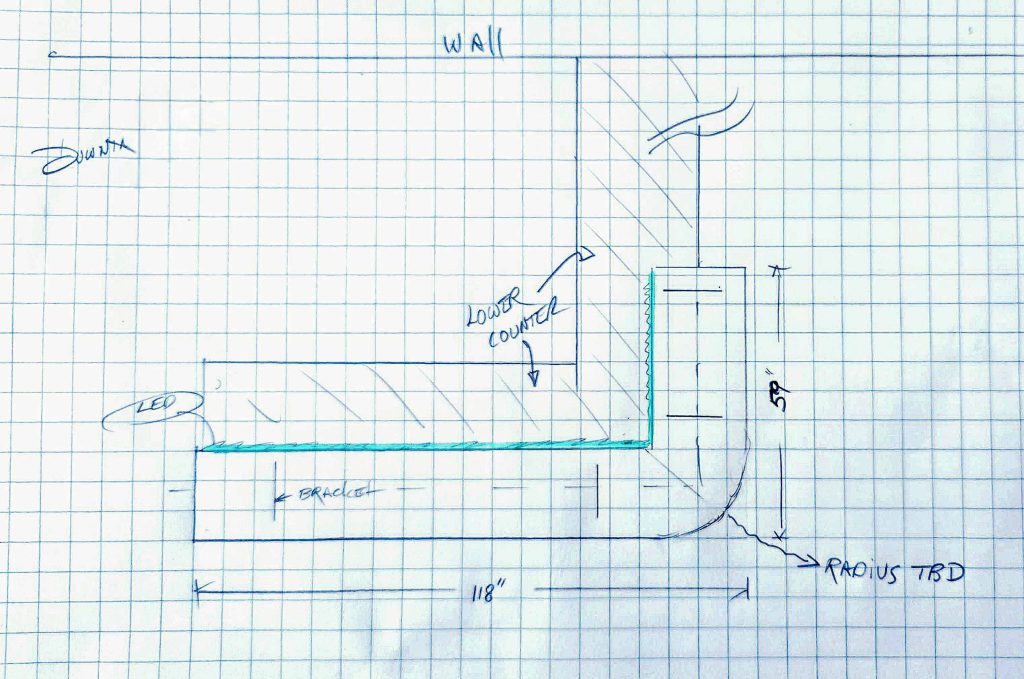Hand-drawn field sketch for L-shaped glass bar top Treasure Island St. Petersburg Florida — Downing Designs template November 2025