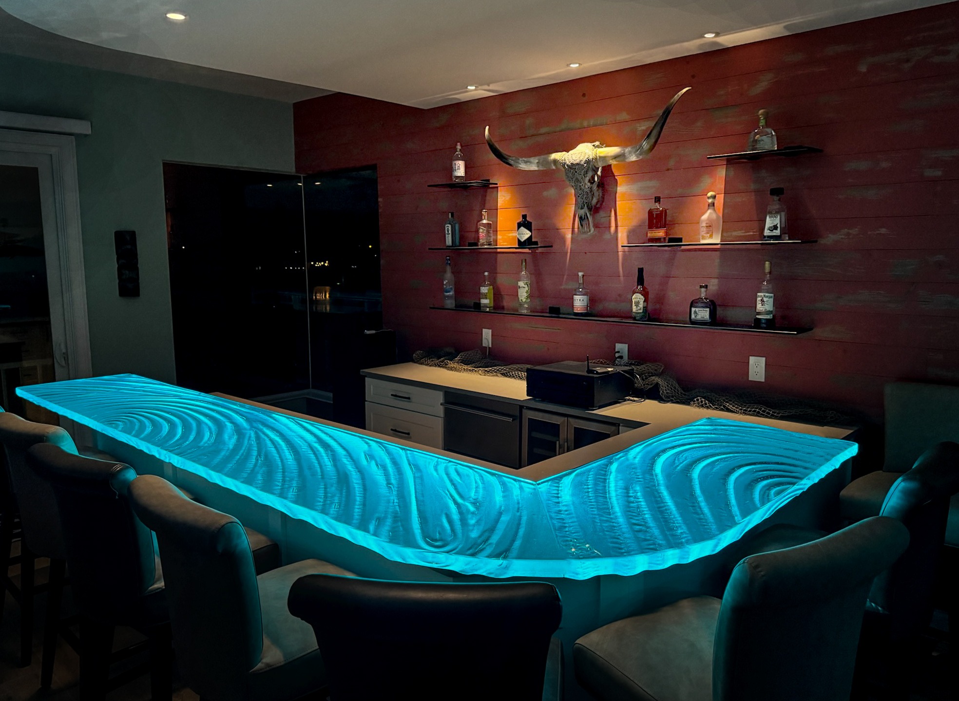 st petersburg waterfront home illuminated glass bar top cyan led