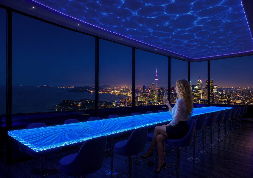 girl at bar skylight lounge penthouse view glass bar top