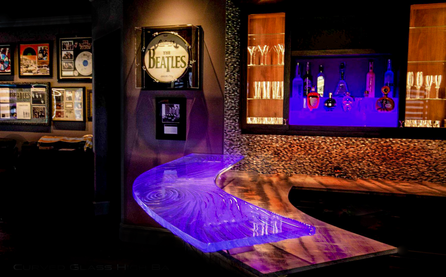 Curved kiln-formed glass high bar top with purple RGB LED illumination, Downing Designs Tampa Florida