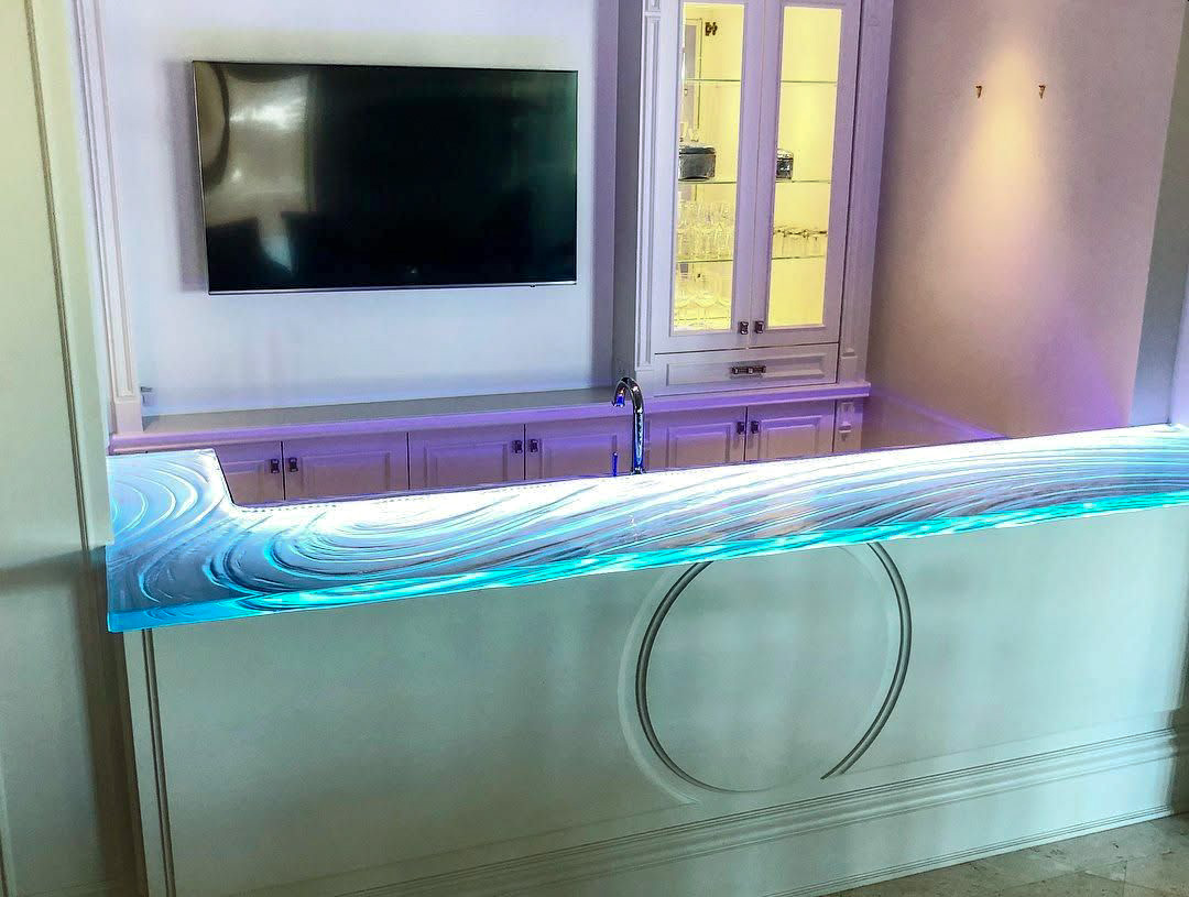 Custom illuminated glass high bar and lower countertop with LED — Ocean Reef Club Key Largo Fl — Downing Designs Tampa