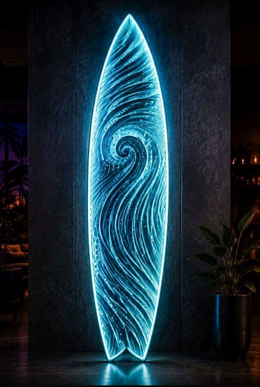 Downing Designs glass surfboard, question mark design